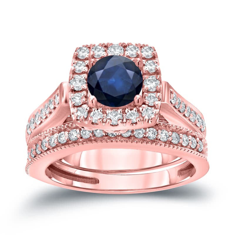 Auriya 1/3ct Blue Sapphire and 3/4ctw Halo Diamond Engagement Ring Set 14kt Gold