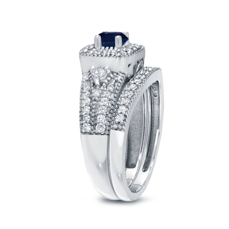 Auriya Vintage Inspired 1/5ct Blue Sapphire and 1/2ctw Halo Diamond Engagement Ring Set 14kt Gold