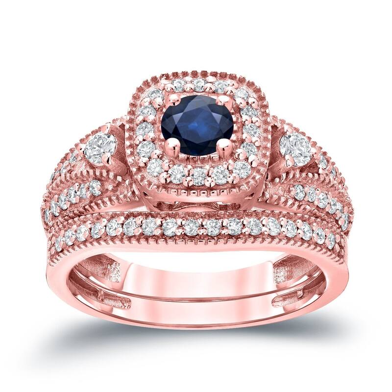 Auriya Vintage Inspired 1/5ct Blue Sapphire and 1/2ctw Halo Diamond Engagement Ring Set 14kt Gold - 4 - Rose