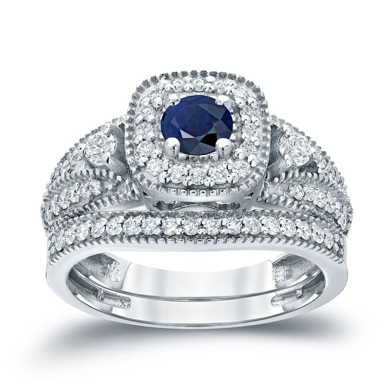 Auriya Vintage Inspired 1/5ct Blue Sapphire and 1/2ctw Halo Diamond Engagement Ring Set 14kt Gold - 4 - White
