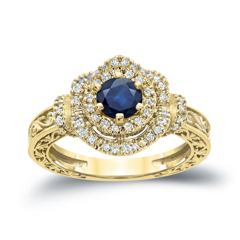 14k Gold Vintage 3/4ct Sapphire and 1/3ct TDW Halo Diamond Engagement Ring