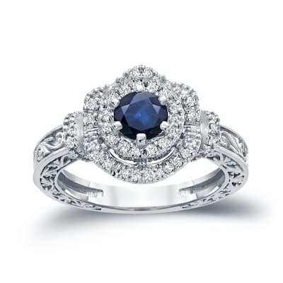 14k Gold Vintage 3/4ct Sapphire and 1/3ct TDW Halo Diamond Engagement Ring