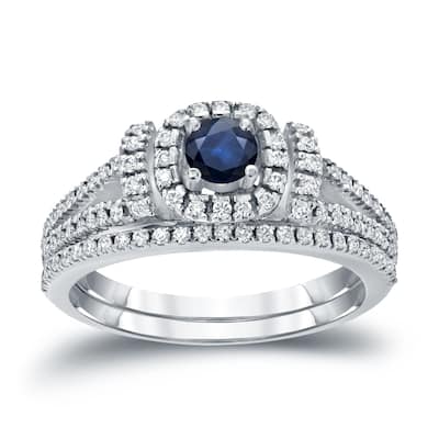 Auriya Modern 1/5ct Blue Sapphire and 1/2ctw Halo Diamond Engagement Ring Set 14kt Gold