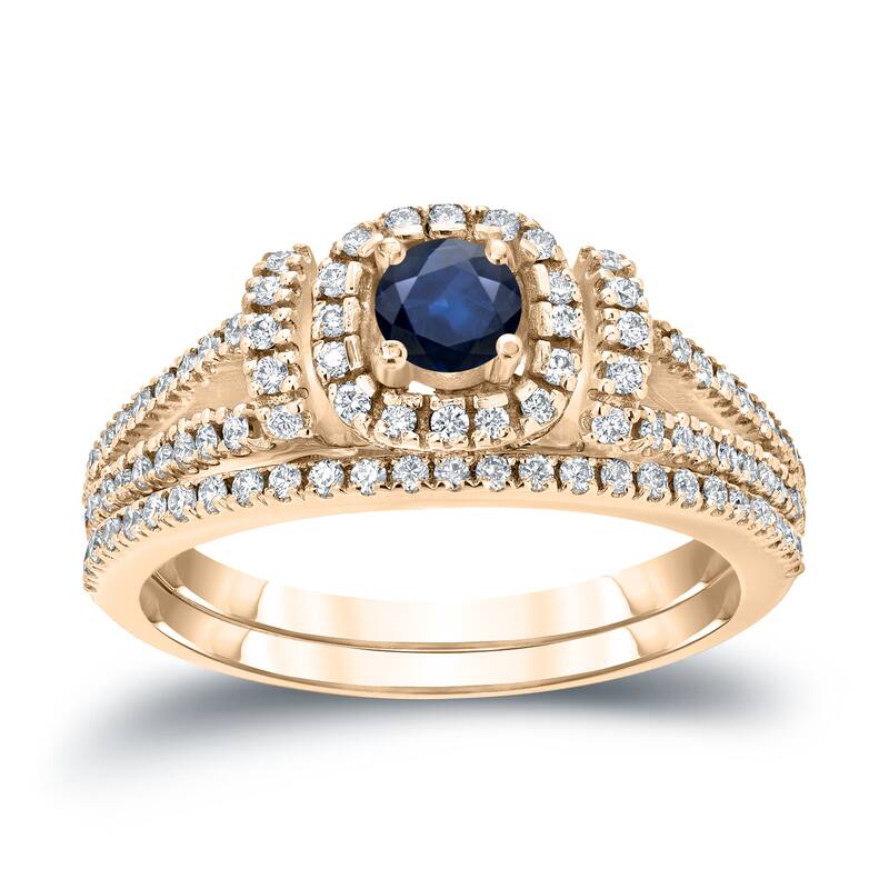 Auriya Modern 1/5ct Blue Sapphire and 1/2ctw Halo Diamond Engagement Ring Set 14kt Gold