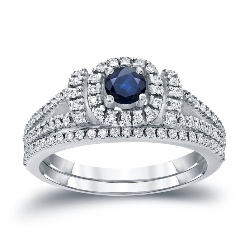 Auriya Modern 1/5ct Blue Sapphire and 1/2ctw Halo Diamond Engagement Ring Set 14kt Gold - 4 - White