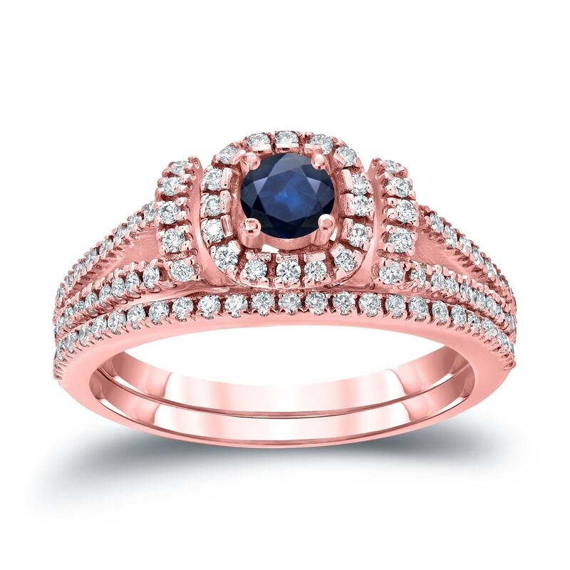 Auriya Modern 1/5ct Blue Sapphire and 1/2ctw Halo Diamond Engagement Ring Set 14kt Gold - 4 - Rose