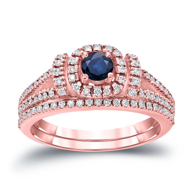 Auriya Modern 1/5ct Blue Sapphire and 1/2ctw Halo Diamond Engagement Ring Set 14kt Gold