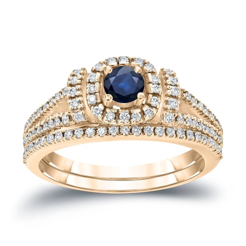 Auriya Modern 1/5ct Blue Sapphire and 1/2ctw Halo Diamond Engagement Ring Set 14kt Gold - 4 - Yellow