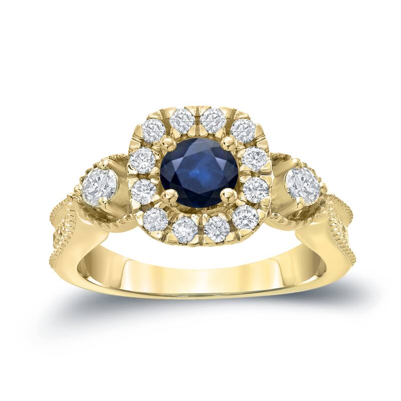 14k Gold Round 1/2ct Blue Sapphire and 1/2ct TDW Diamond Halo Engagement Ring