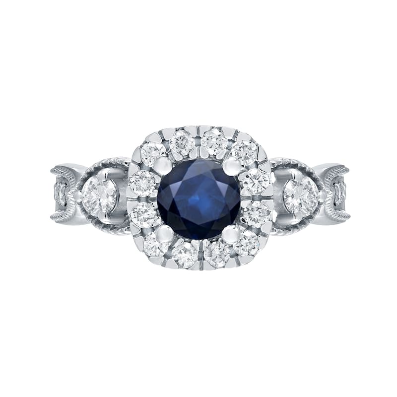 14k Gold Round 1/2ct Blue Sapphire and 1/2ct TDW Diamond Halo Engagement Ring
