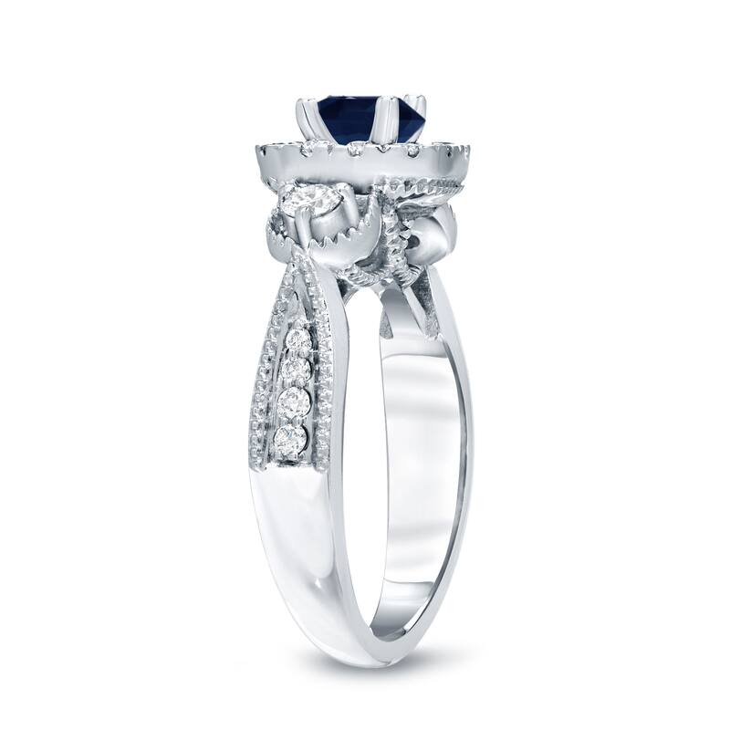 14k Gold Round 1/2ct Blue Sapphire and 1/2ct TDW Diamond Halo Engagement Ring