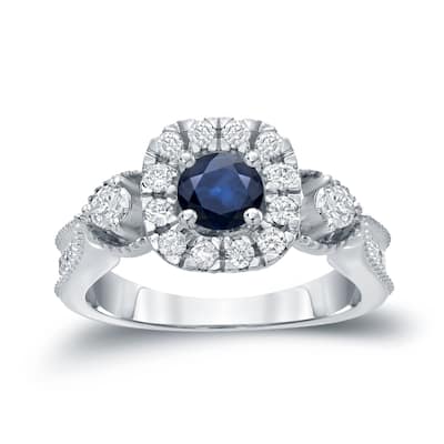 14k Gold Round 1/2ct Blue Sapphire and 1/2ct TDW Diamond Halo Engagement Ring