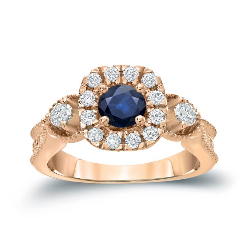 14k Gold Round 1/2ct Blue Sapphire and 1/2ct TDW Diamond Halo Engagement Ring