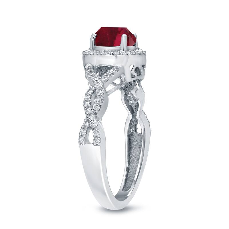 Auriya Round 1ct Red Ruby Gemstone and 2/5ctw Twisted Split Shank Halo Diamond Engagement Ring 14k Gold