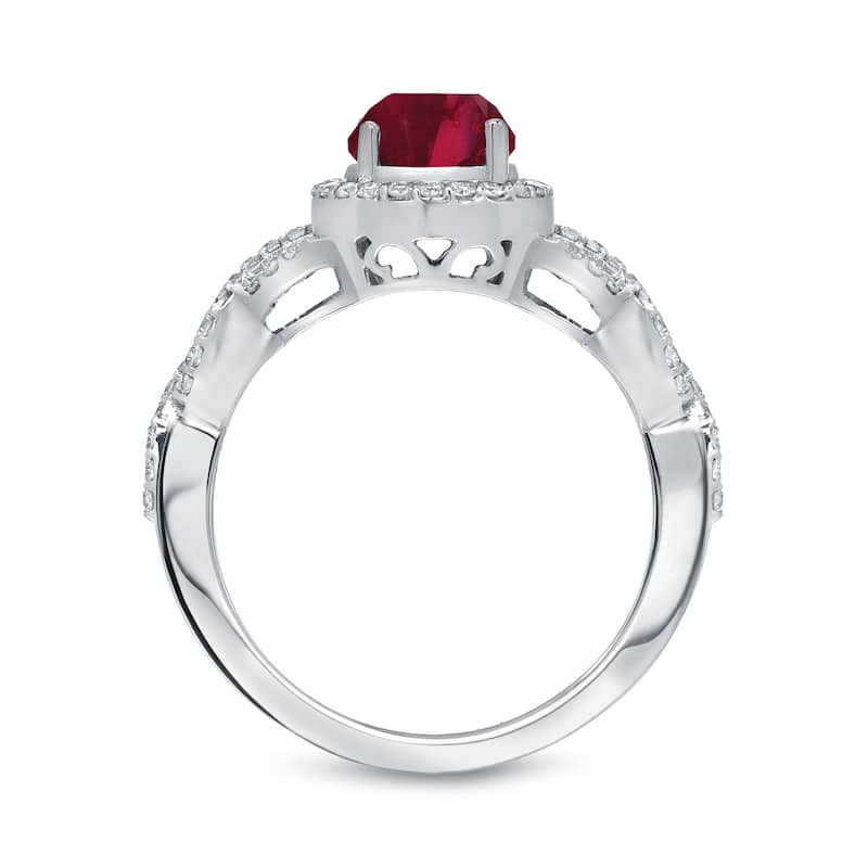 Auriya Round 1ct Red Ruby Gemstone and 2/5ctw Twisted Split Shank Halo Diamond Engagement Ring 14k Gold