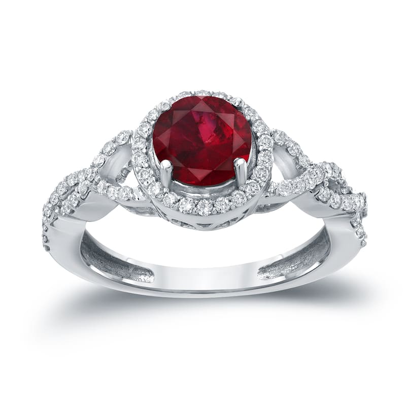 Auriya Round 1ct Red Ruby Gemstone and 2/5ctw Twisted Split Shank Halo Diamond Engagement Ring 14k Gold