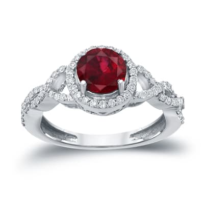 Auriya Round 1ct Red Ruby Gemstone and 2/5ctw Twisted Split Shank Halo Diamond Engagement Ring 14k Gold