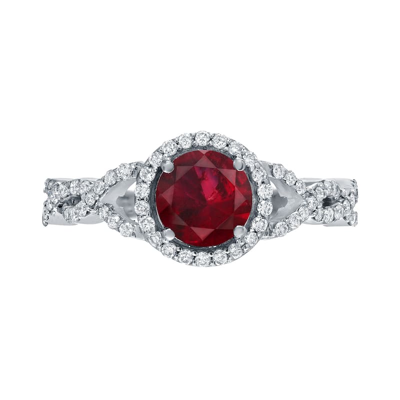 Auriya Round 1ct Red Ruby Gemstone and 2/5ctw Twisted Split Shank Halo Diamond Engagement Ring 14k Gold