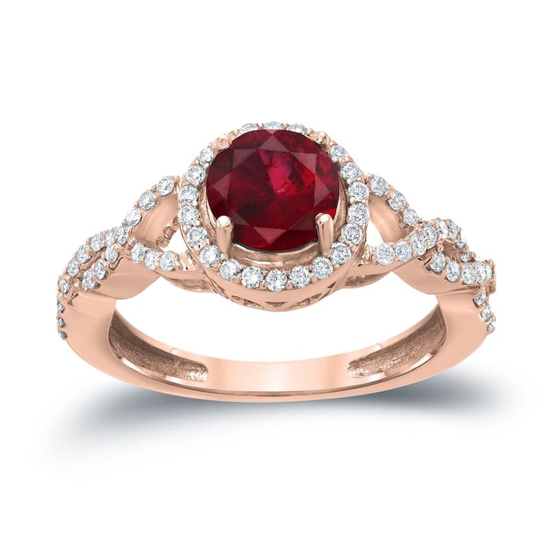 Auriya Round 1ct Red Ruby Gemstone and 2/5ctw Twisted Split Shank Halo Diamond Engagement Ring 14k Gold - 4 - Rose