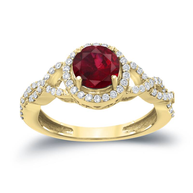 Auriya Round 1ct Red Ruby Gemstone and 2/5ctw Twisted Split Shank Halo Diamond Engagement Ring 14k Gold
