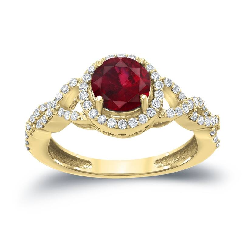 Auriya Round 1ct Red Ruby Gemstone and 2/5ctw Twisted Split Shank Halo Diamond Engagement Ring 14k Gold - 4 - Yellow