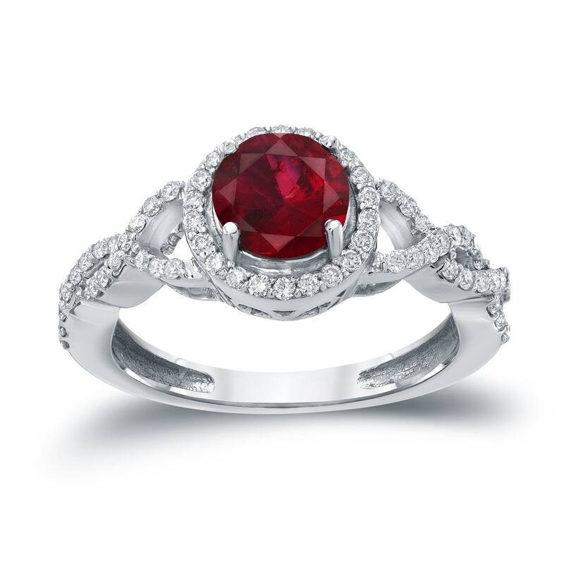 Auriya Round 1ct Red Ruby Gemstone and 2/5ctw Twisted Split Shank Halo Diamond Engagement Ring 14k Gold - 4 - White