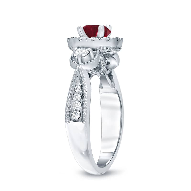 14k Gold Round 1/2ct Ruby and 1/2ct TDW Diamond Halo Engagement Ring