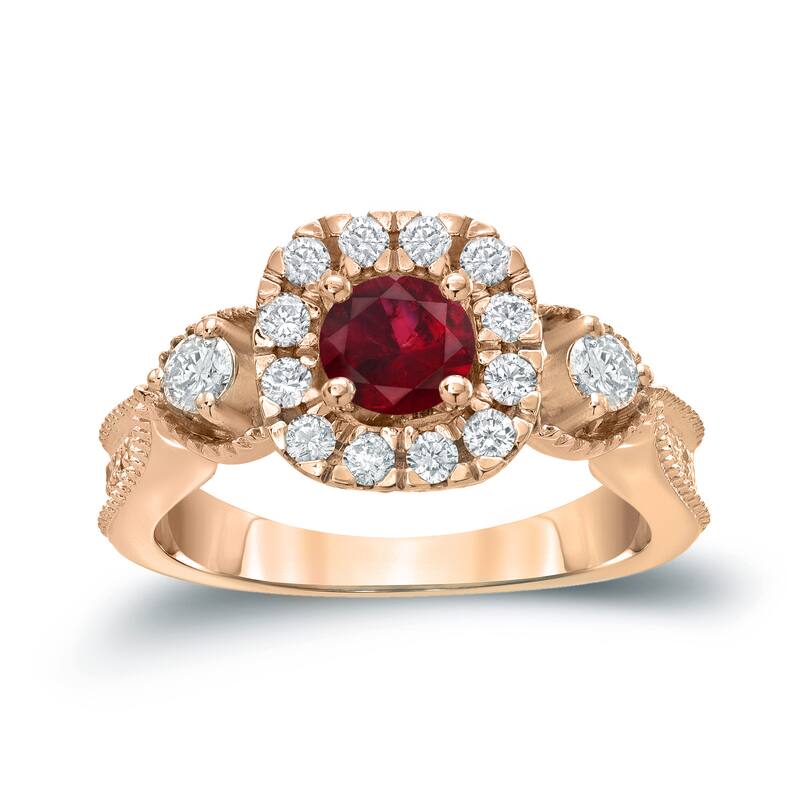 14k Gold Round 1/2ct Ruby and 1/2ct TDW Diamond Halo Engagement Ring