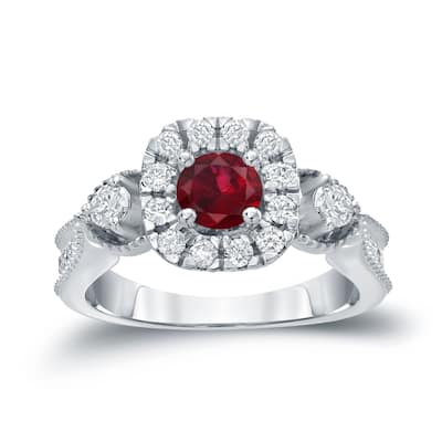 14k Gold Round 1/2ct Ruby and 1/2ct TDW Diamond Halo Engagement Ring