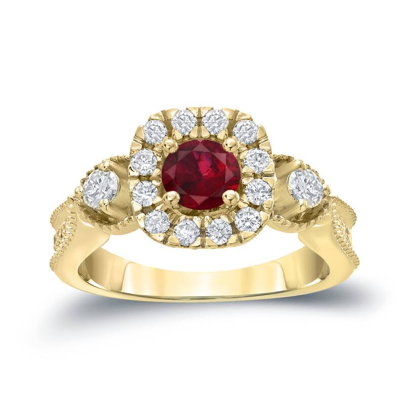 14k Gold Round 1/2ct Ruby and 1/2ct TDW Diamond Halo Engagement Ring