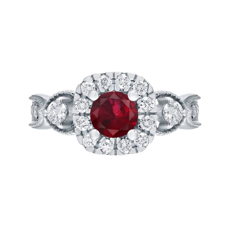 14k Gold Round 1/2ct Ruby and 1/2ct TDW Diamond Halo Engagement Ring