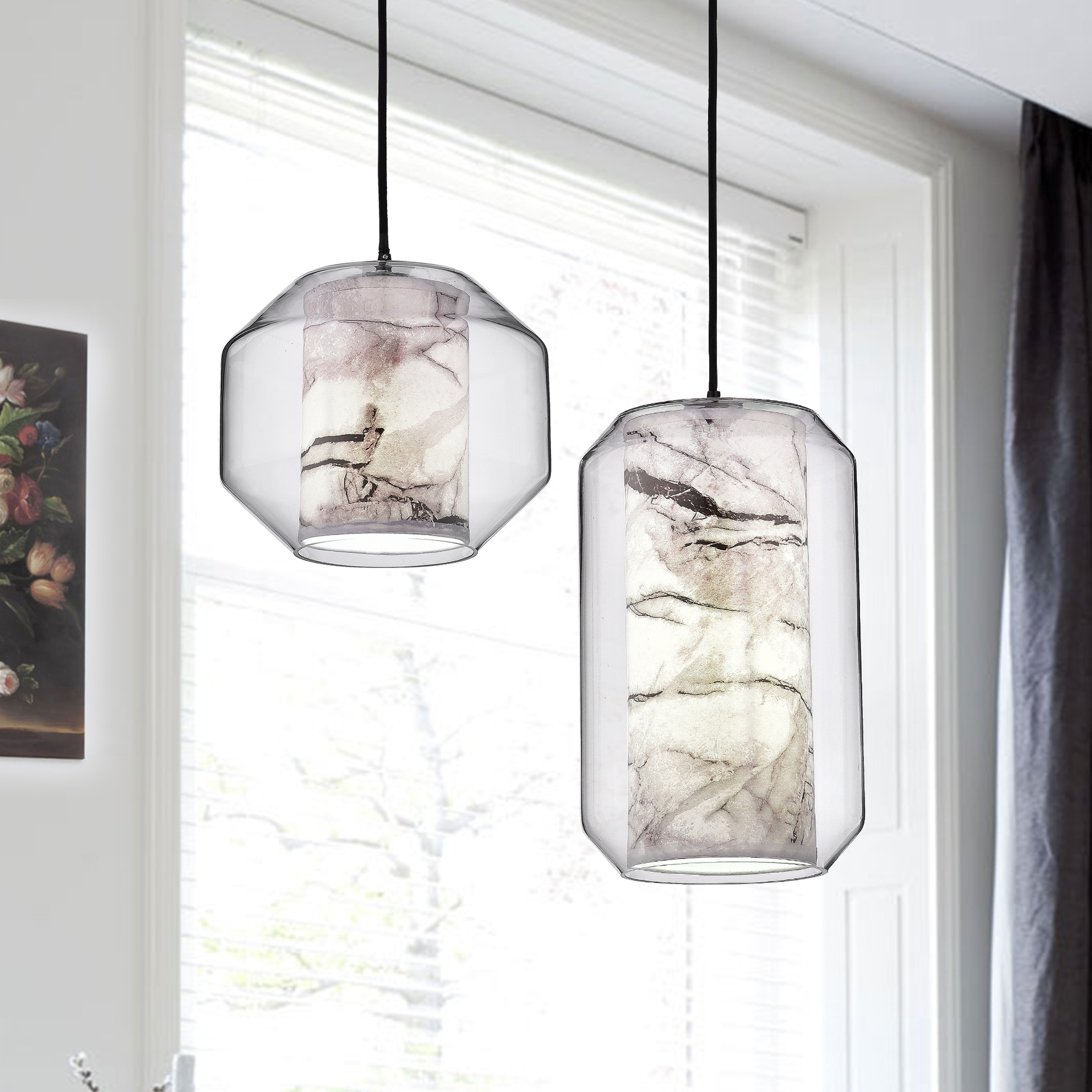 Eugenia Antique Black/Brown Glass/Fabric 2-Light Pendant Chandelier (Antique Black Finish, Glass and Fabric Shades) - Chandeliers For Bedrooms by Overstock.com