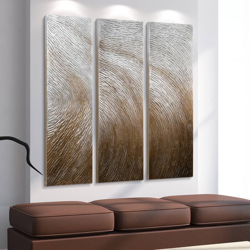 Gold Waves Textured Metallic Hand Painted Canvas Wall Art Set of 3 On