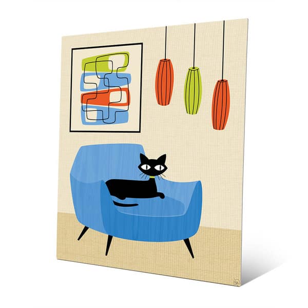 Shop Retro Blue Chair Black Cat Wall Art Print On Metal Overstock 16624776