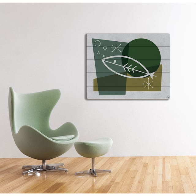 Fish in Green Mod Art Wall Art Print on Wood