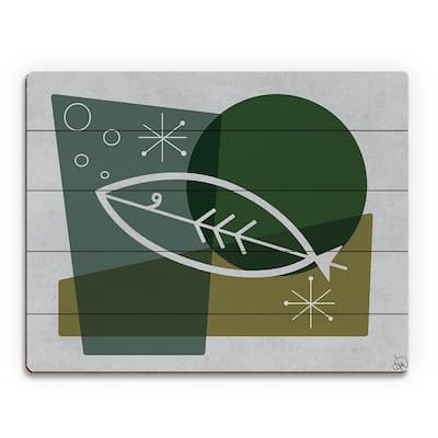 Fish in Green Mod Art Wall Art Print on Wood