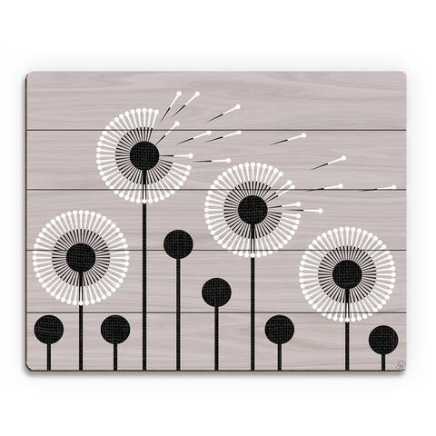 Retro Dandelions in Grey Wall Art Print on Wood