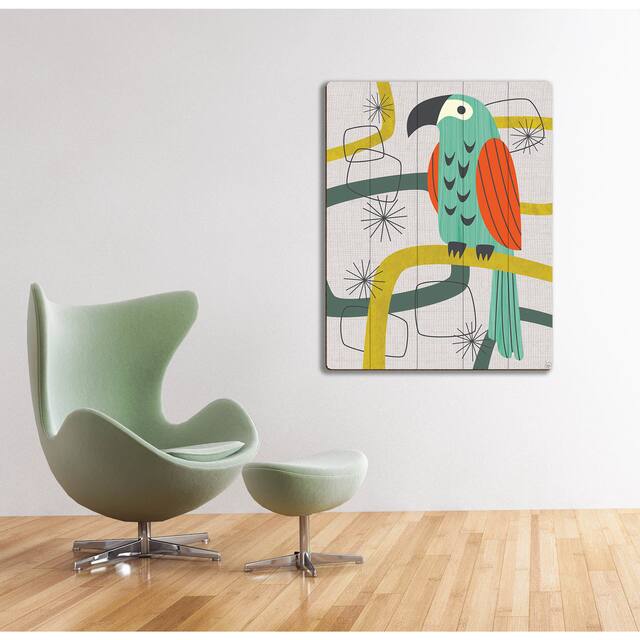 Retro Parrot in Green Wall Art Print on Wood