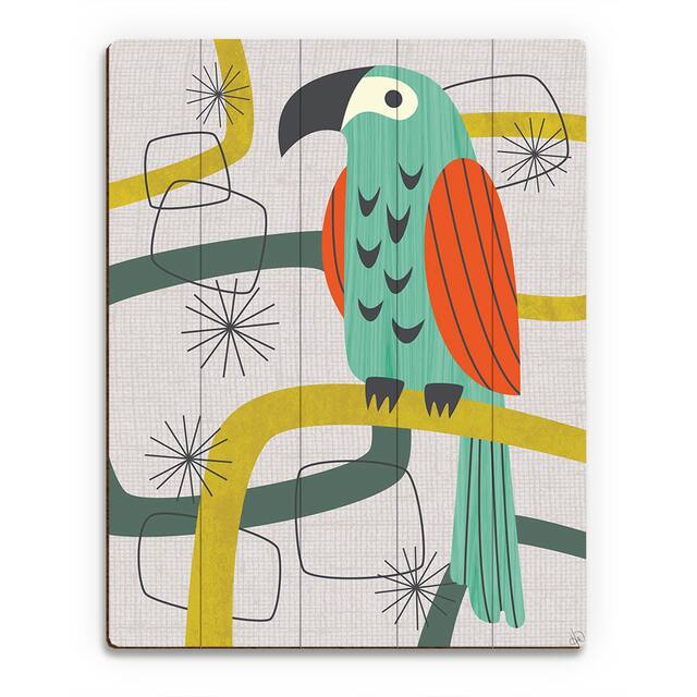 Retro Parrot in Green Wall Art Print on Wood