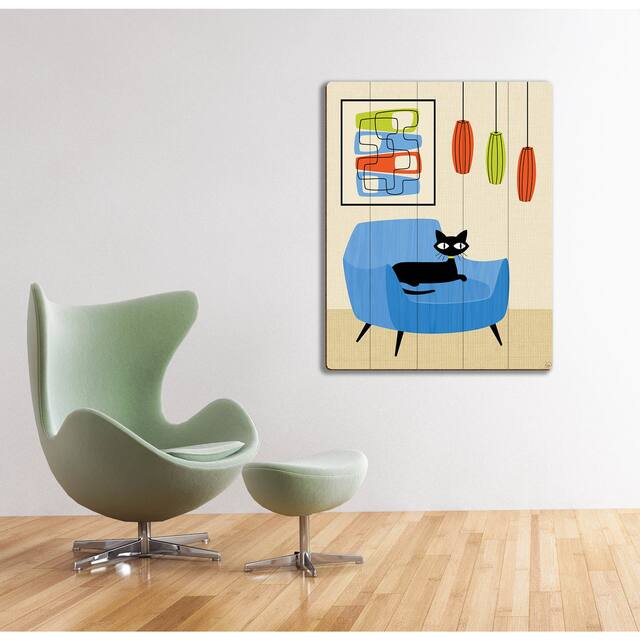 Retro Blue Chair Black Cat Wall Art Print on Wood