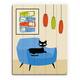 Retro Blue Chair Black Cat Wall Art Print on Wood