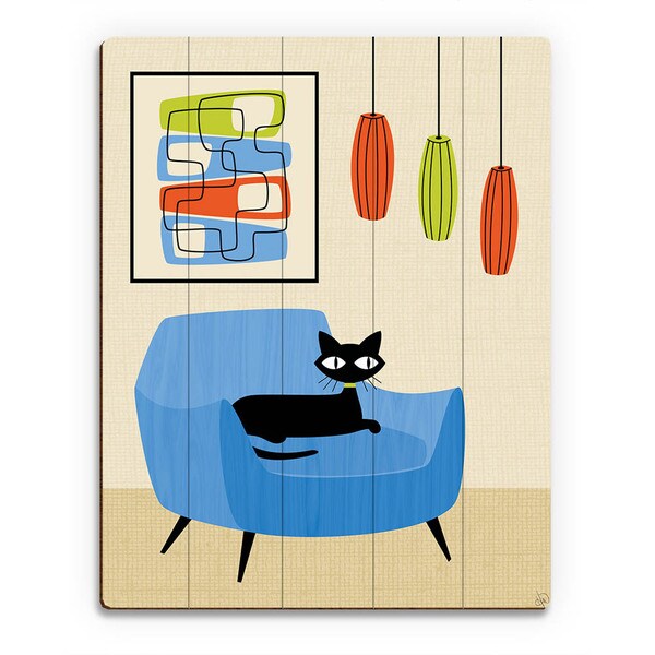 Retro Blue Chair Black Cat Wall Art Print on Wood