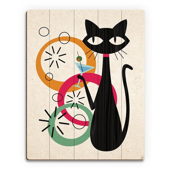 Retro Martini Cat Mod Art Wall Art Print on Wood