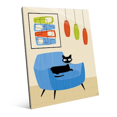 Retro Blue Chair Black Cat Wall Art Print on Glass