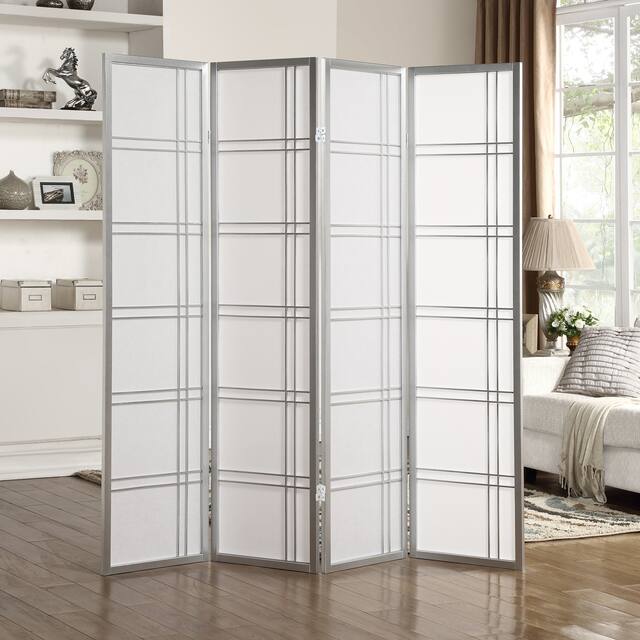 Roundhill Furniture Seto White Wood and Paper 4-panel Room Divider Screen - Silver