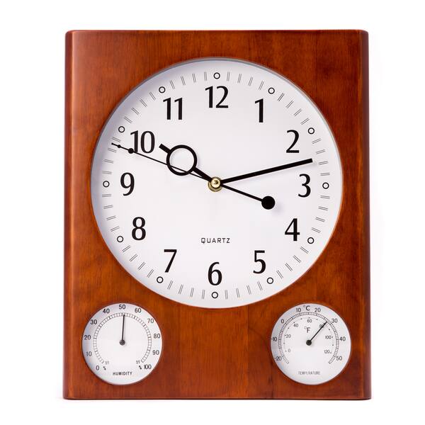 slide 1 of 1, Bey Berk Brown Wood Wall Clock w/ Thermometer and Hygrometer