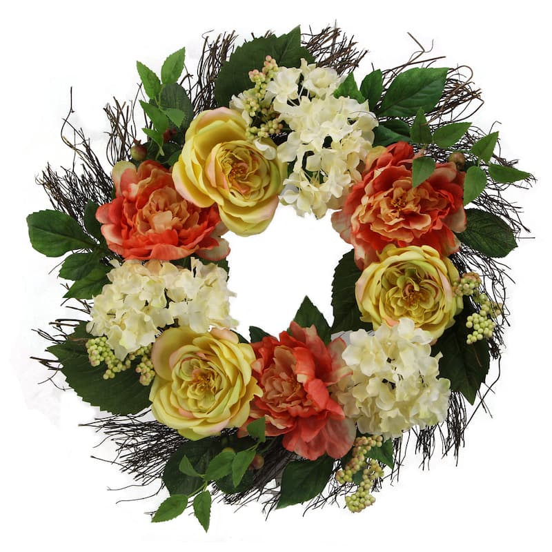 22" Rose, Hydrangea, Peony Wreath Spring Greenery For Door Wall Wreath