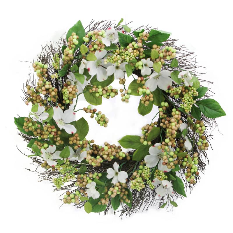 22" Dogwood, Berry Wreath Spring Greenery For Door Wall Wreath