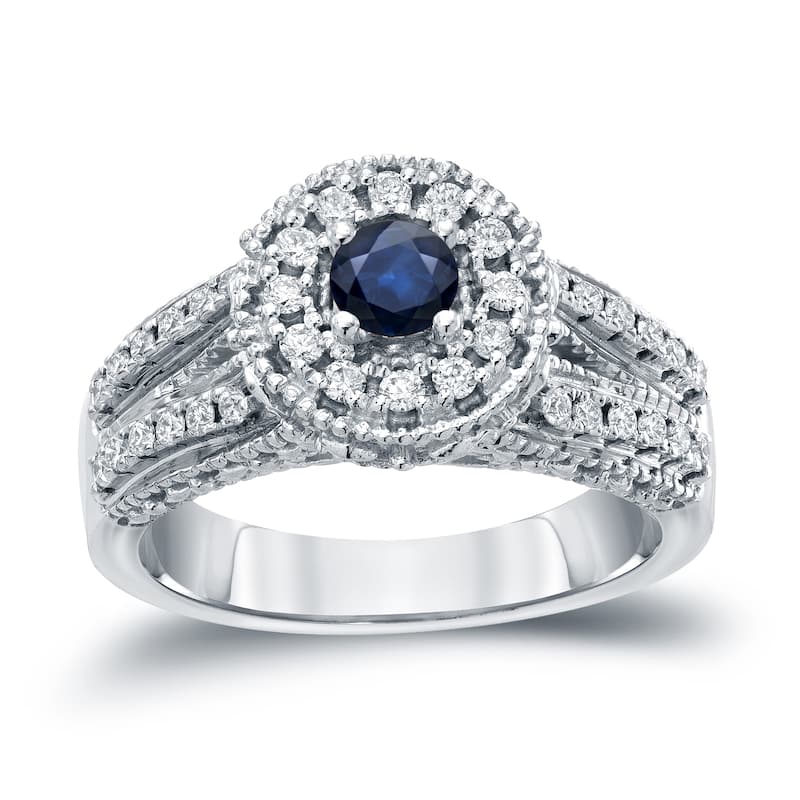Auriya Vintage 1/5ct Blue Sapphire and 1/2ctw Halo Diamond Engagement Ring 14kt Gold Split Shank (H-I, I1-I2)