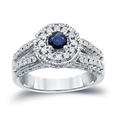 Auriya Vintage 1/5ct Blue Sapphire and 1/2ctw Halo Diamond Engagement Ring 14kt Gold Split Shank (H-I, I1-I2)